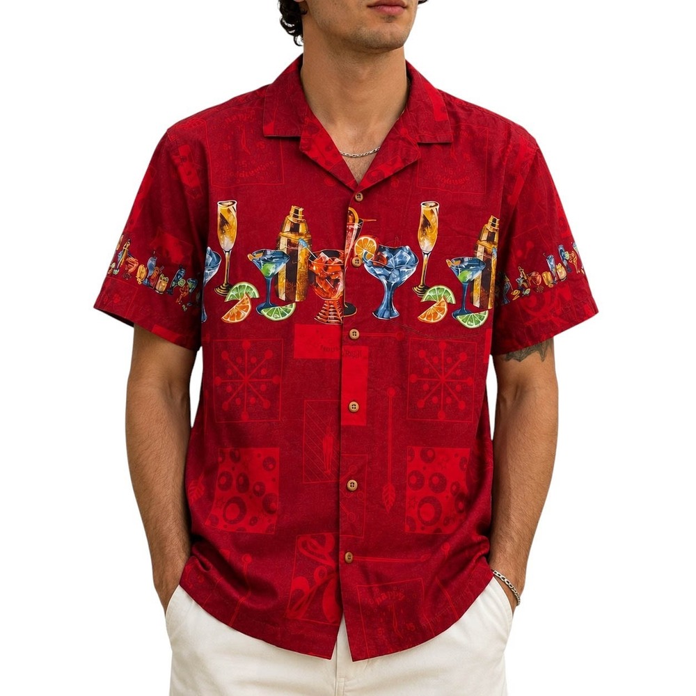 Paradise Found Mens Red Cocktail‎ Aloha Shirt Rayon Made in Hawaii Large R-10